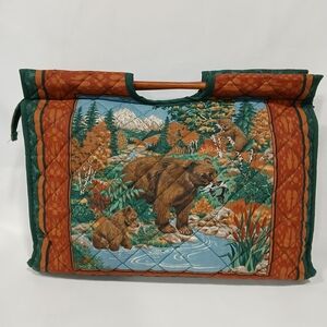 Vintage Quilted Bag Knitting Sewing Craft Cottagecore Wooden Handles Bears Woods